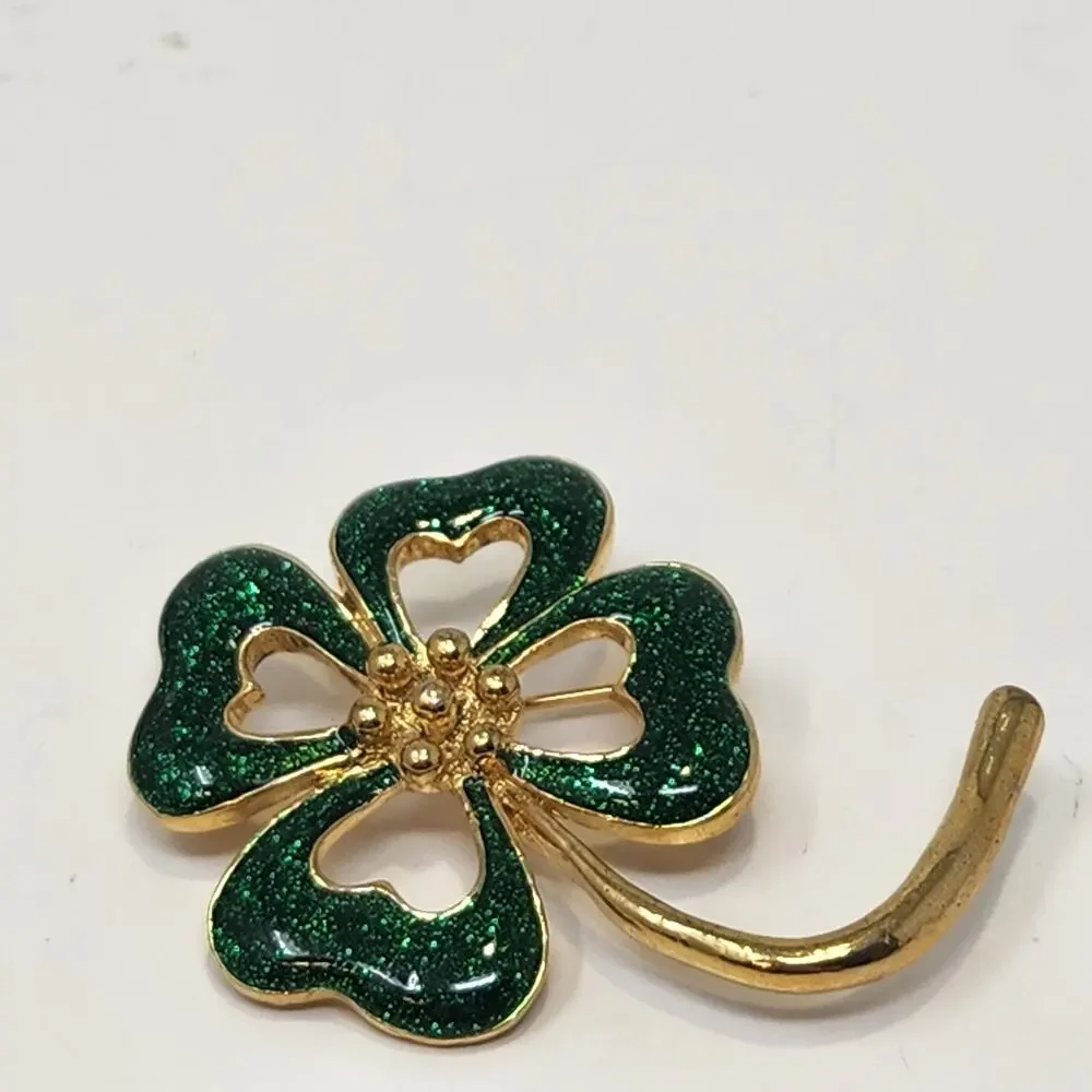 Four Leaf Clover Green Sparkle Enamel Brooch Pin Lucky St Patricks Day Shamrock
